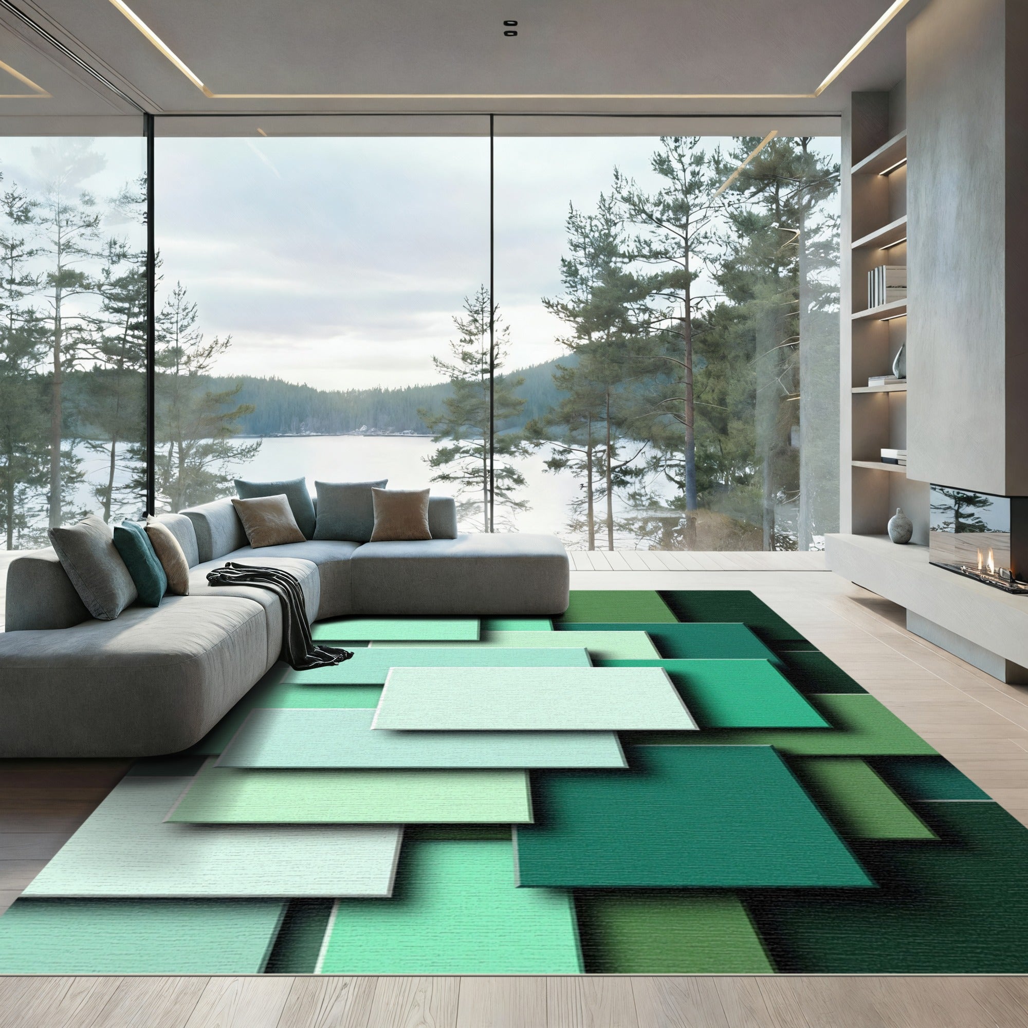Modern Emerald Jade Geometric Block Rug