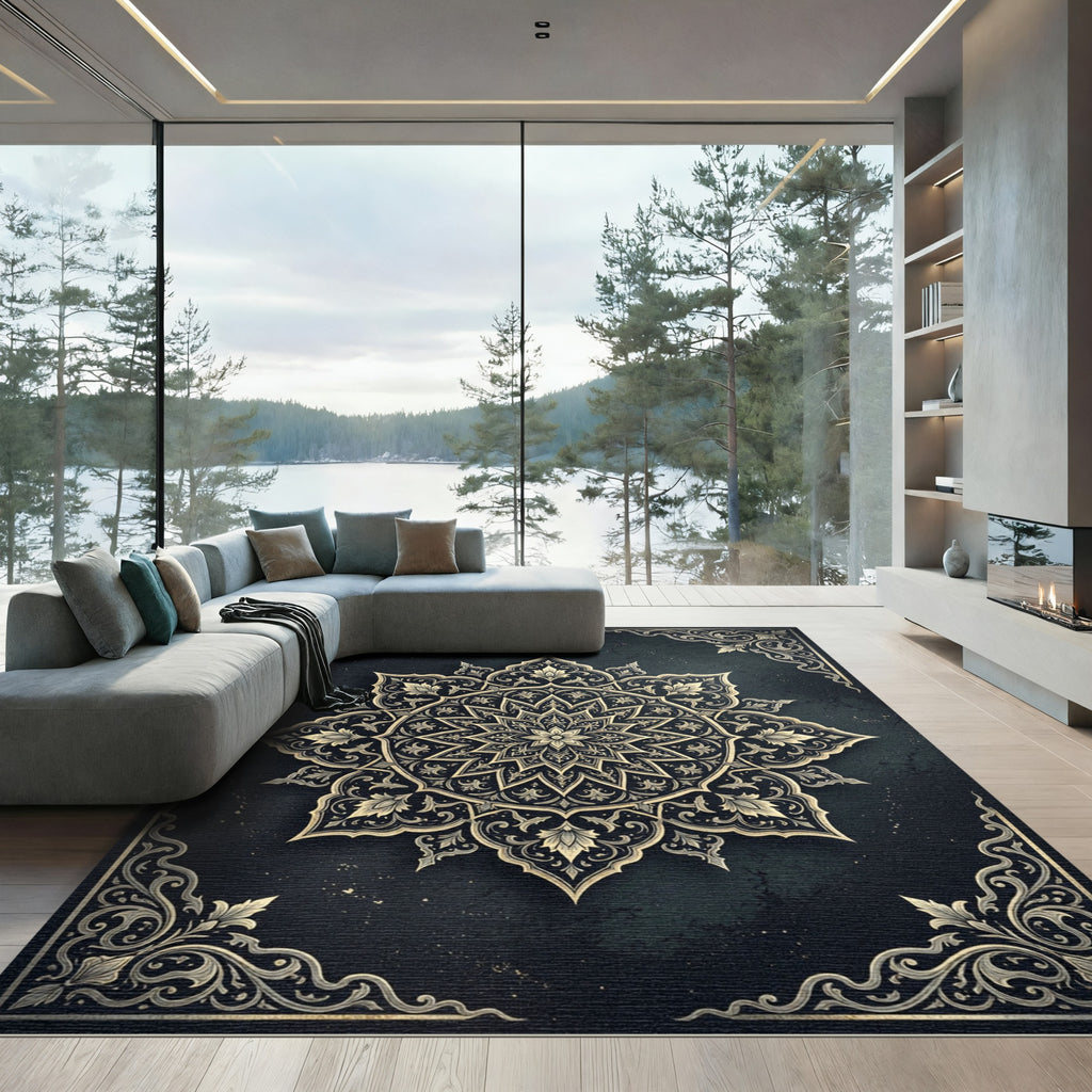 Ornate Midnight Gold Floral Mandala Rug