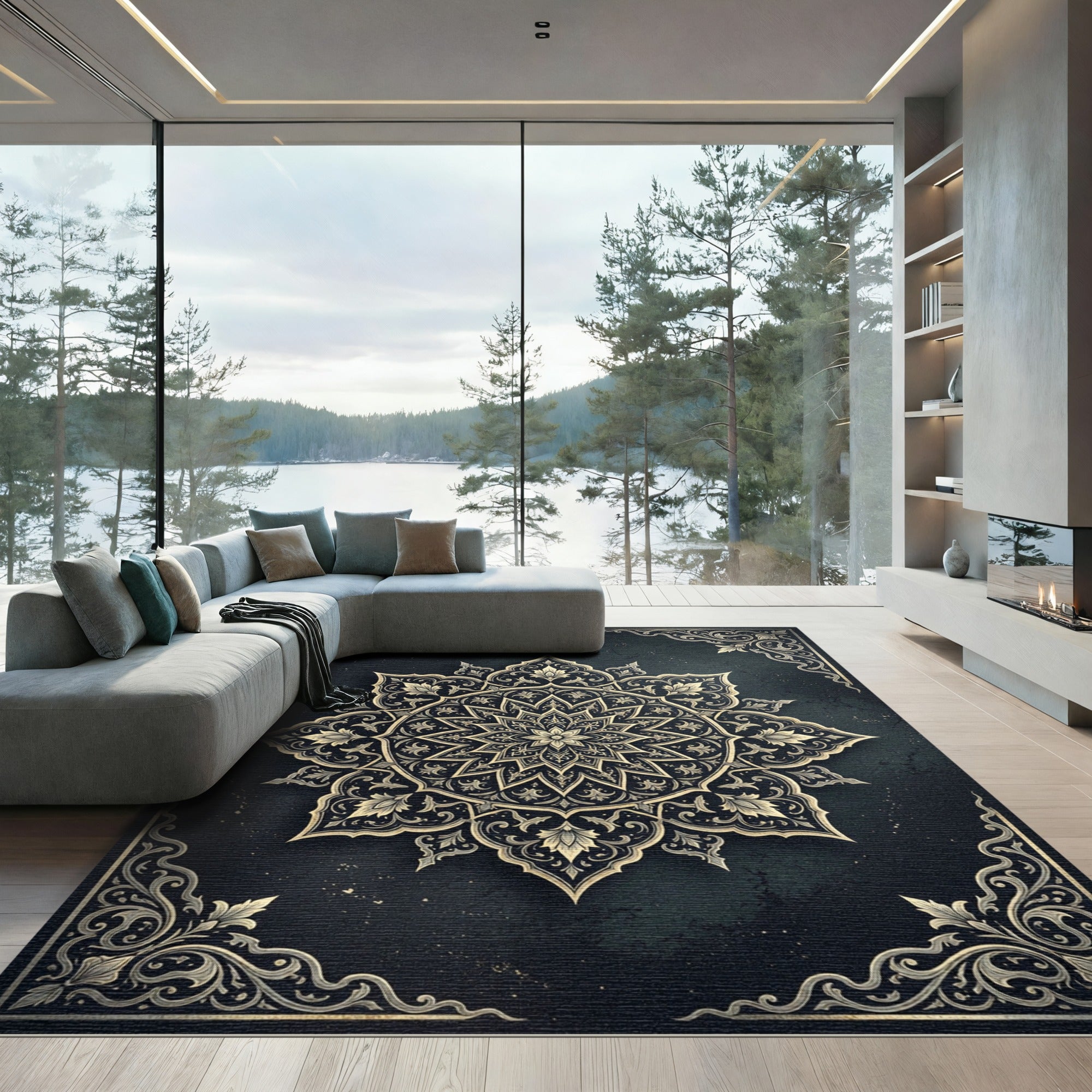 Ornate Midnight Gold Floral Mandala Rug