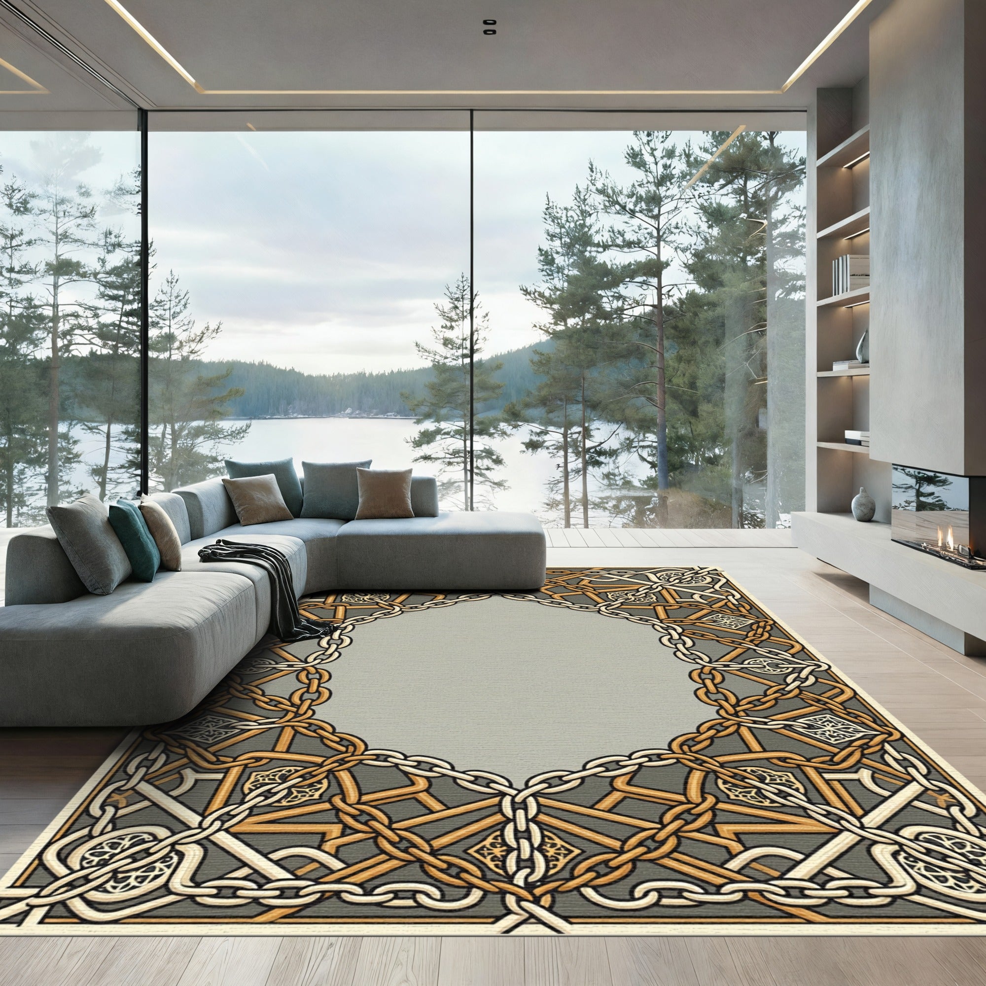 Ornate Gold Chain Geometric Border Rug