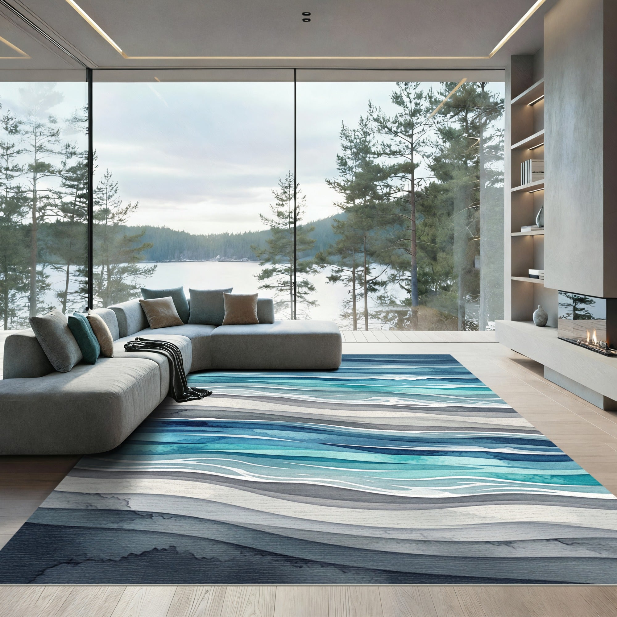 Serene Blue Wavy Ocean Abstract Rug