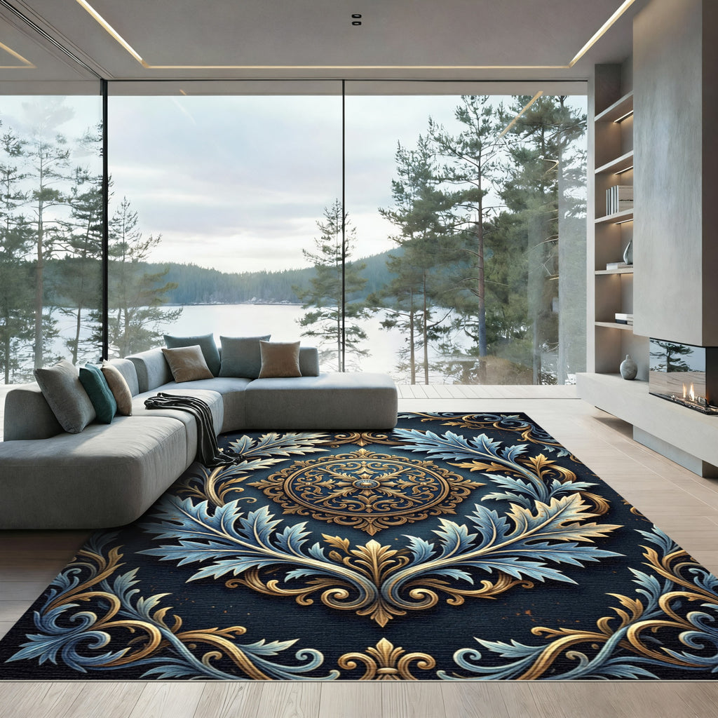 Ornate Gold Blue Acanthus Medallion Rug