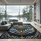 Ornate Gold Blue Acanthus Medallion Rug