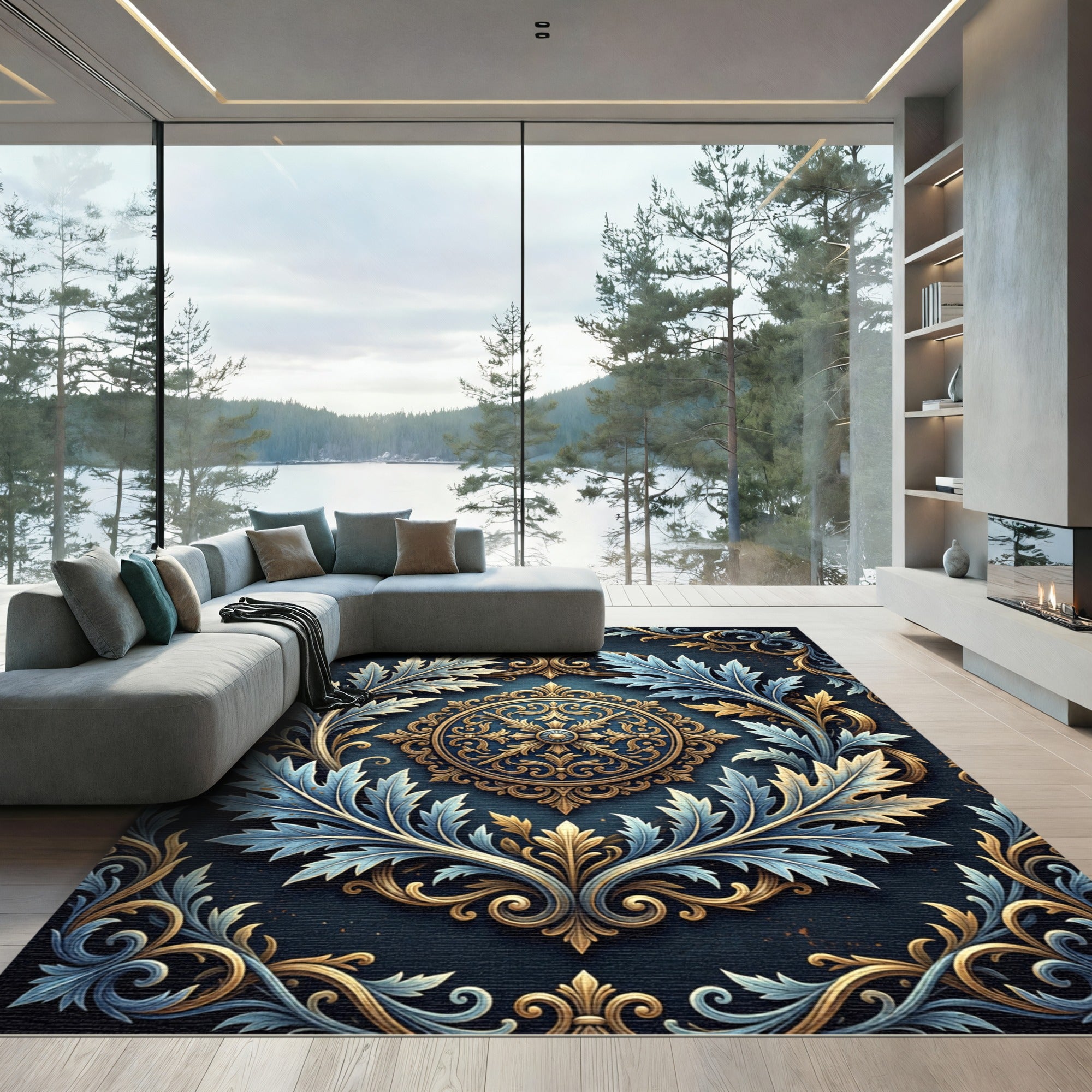 Ornate Gold Blue Acanthus Medallion Rug