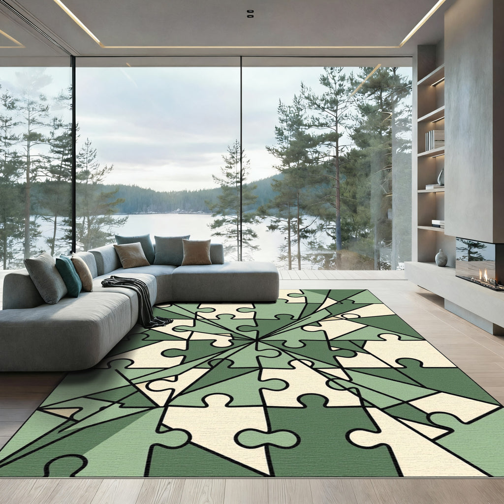 Sage Green Geometric Abstract Puzzle Rug
