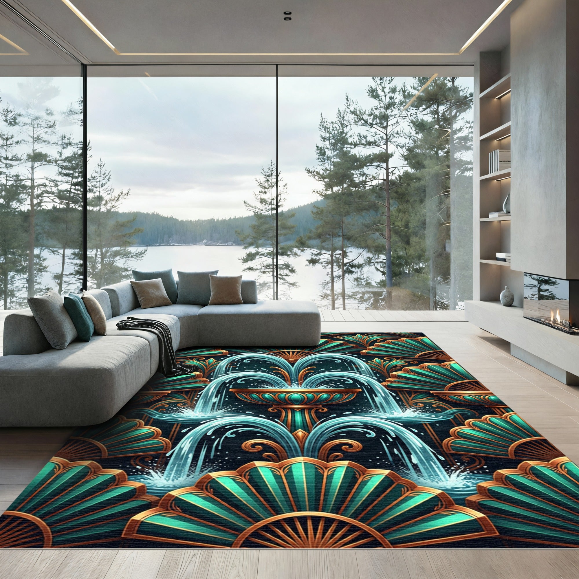 Emerald Teal Fan Fountain Rug