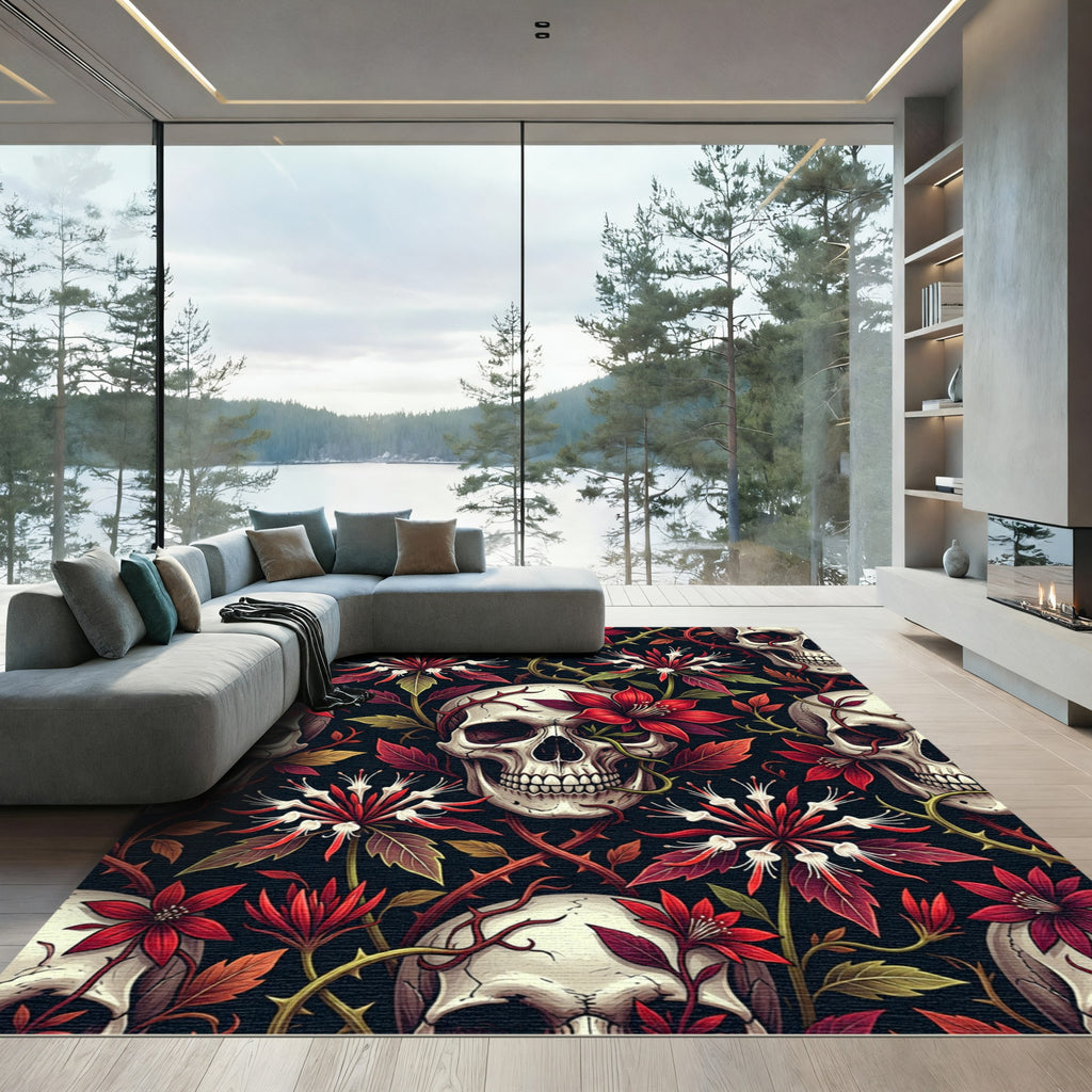 Gothic Skull and Crimson Floral Vine Rug