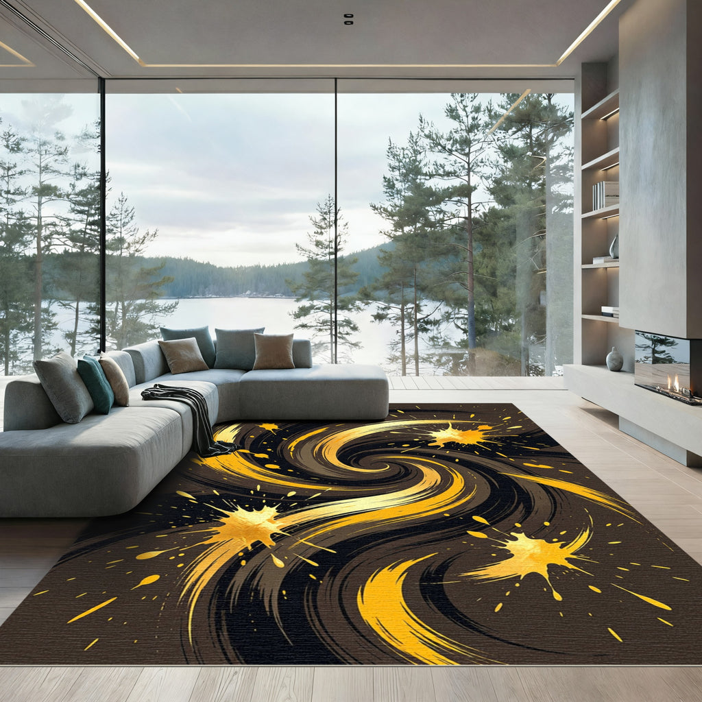 Golden Swirl Abstract Ink Splash Rug