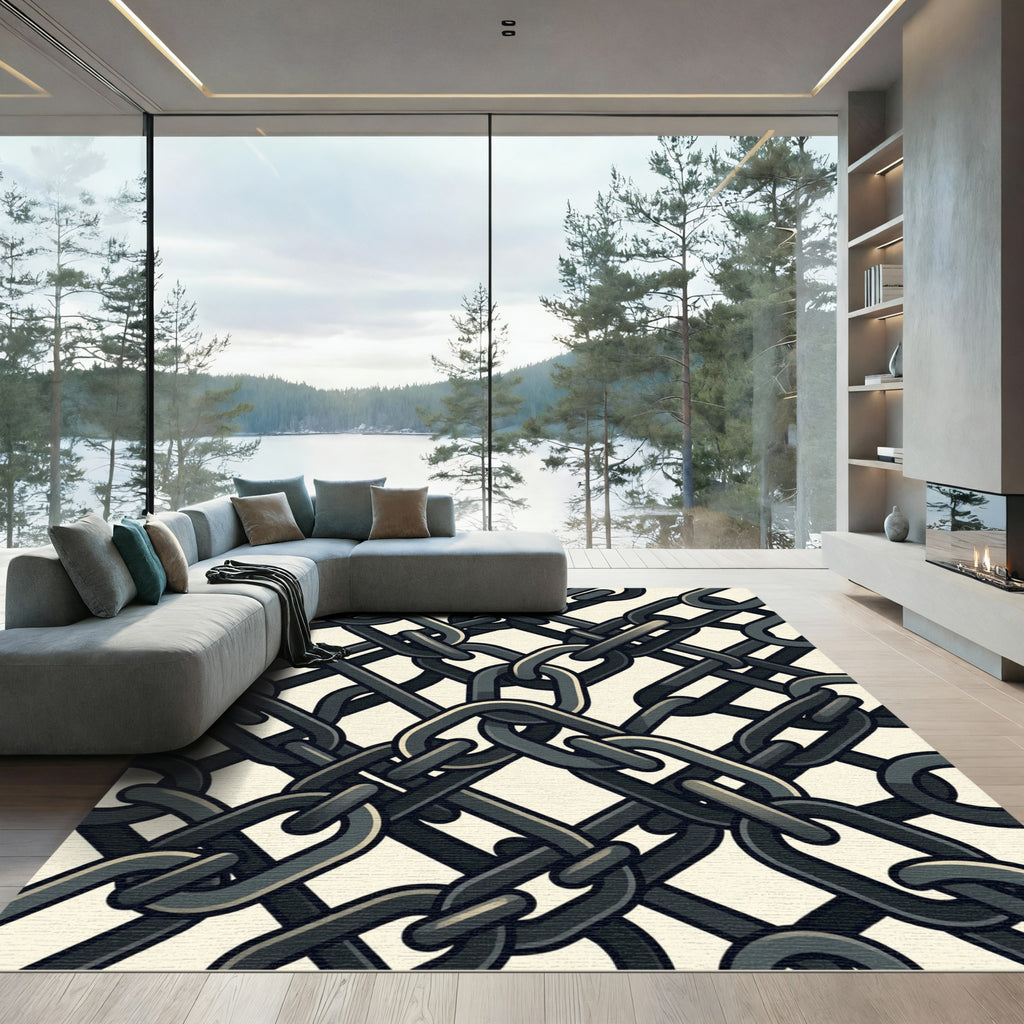Dark Industrial Interlocking Iron Chain Link Rug