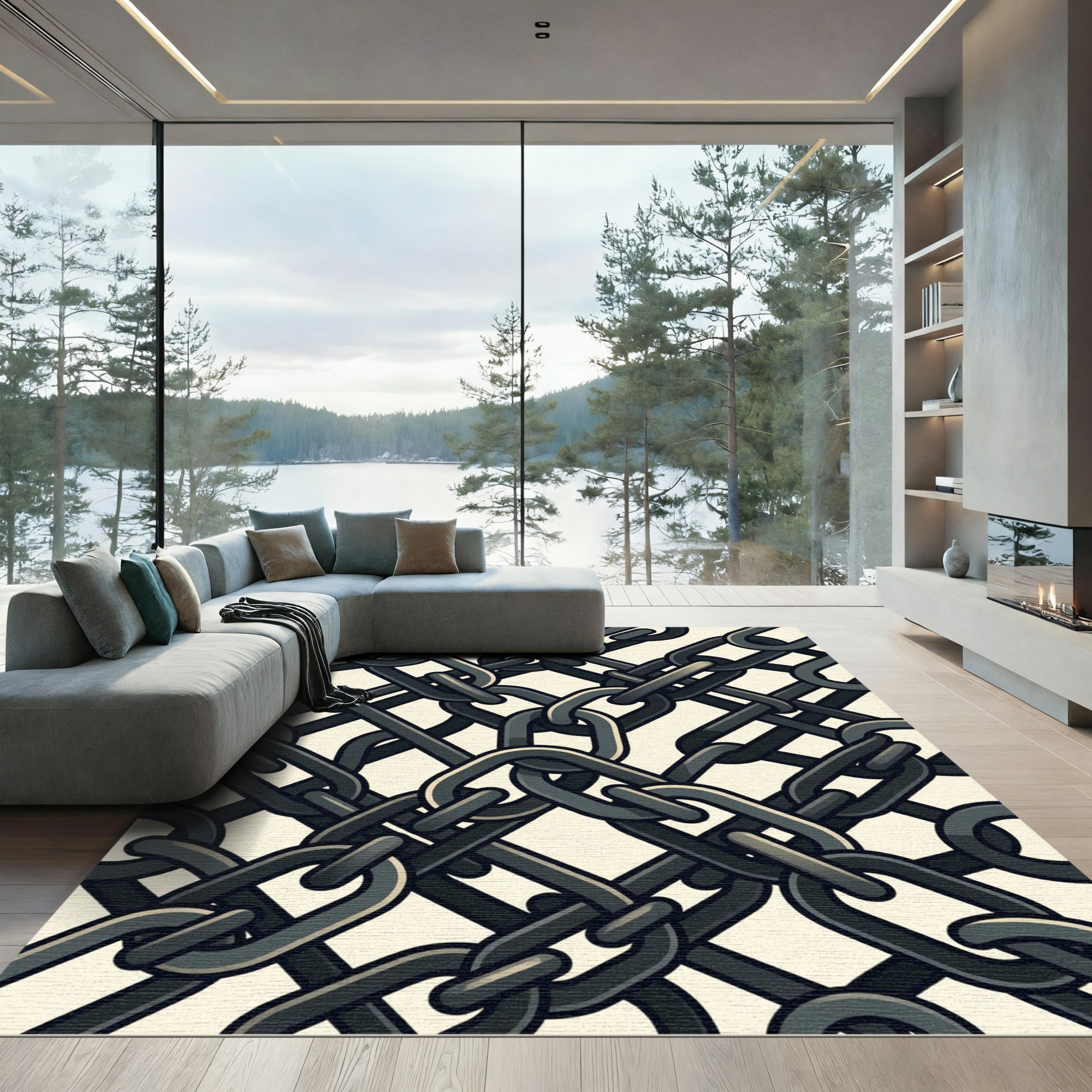 Dark Industrial Interlocking Iron Chain Link Rug