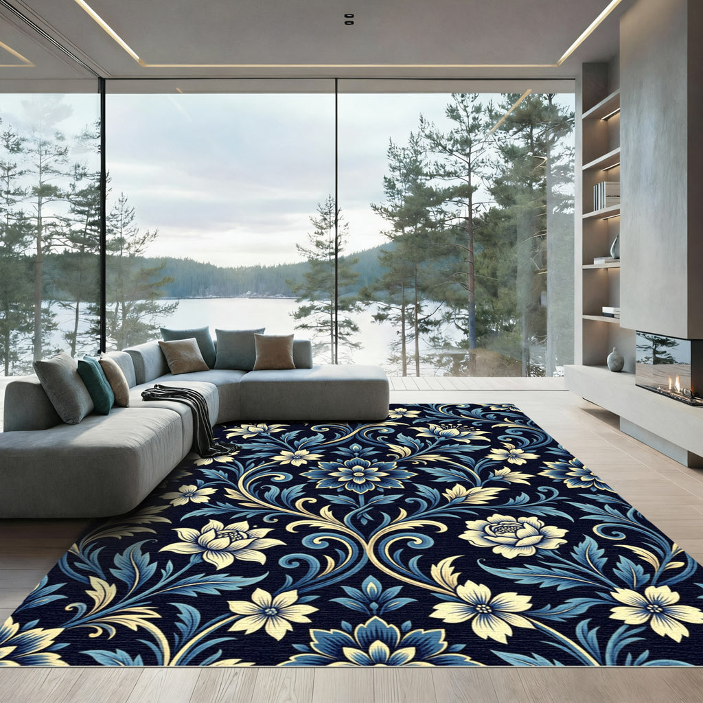 Elaborate Blue Golden Floral Scroll Rug