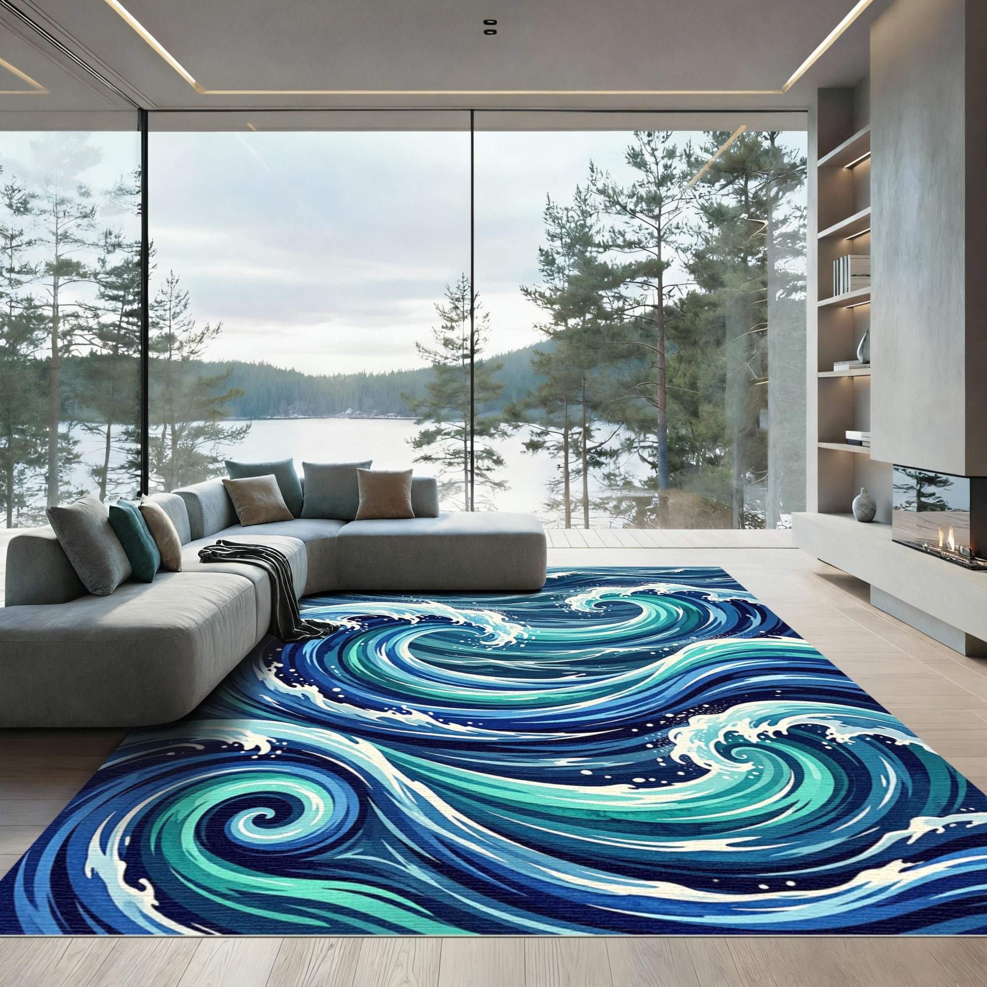 Deep Blue Ocean Waves Swirl Rug