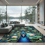 Vibrant Peacock Feather Lotus Pond Rug