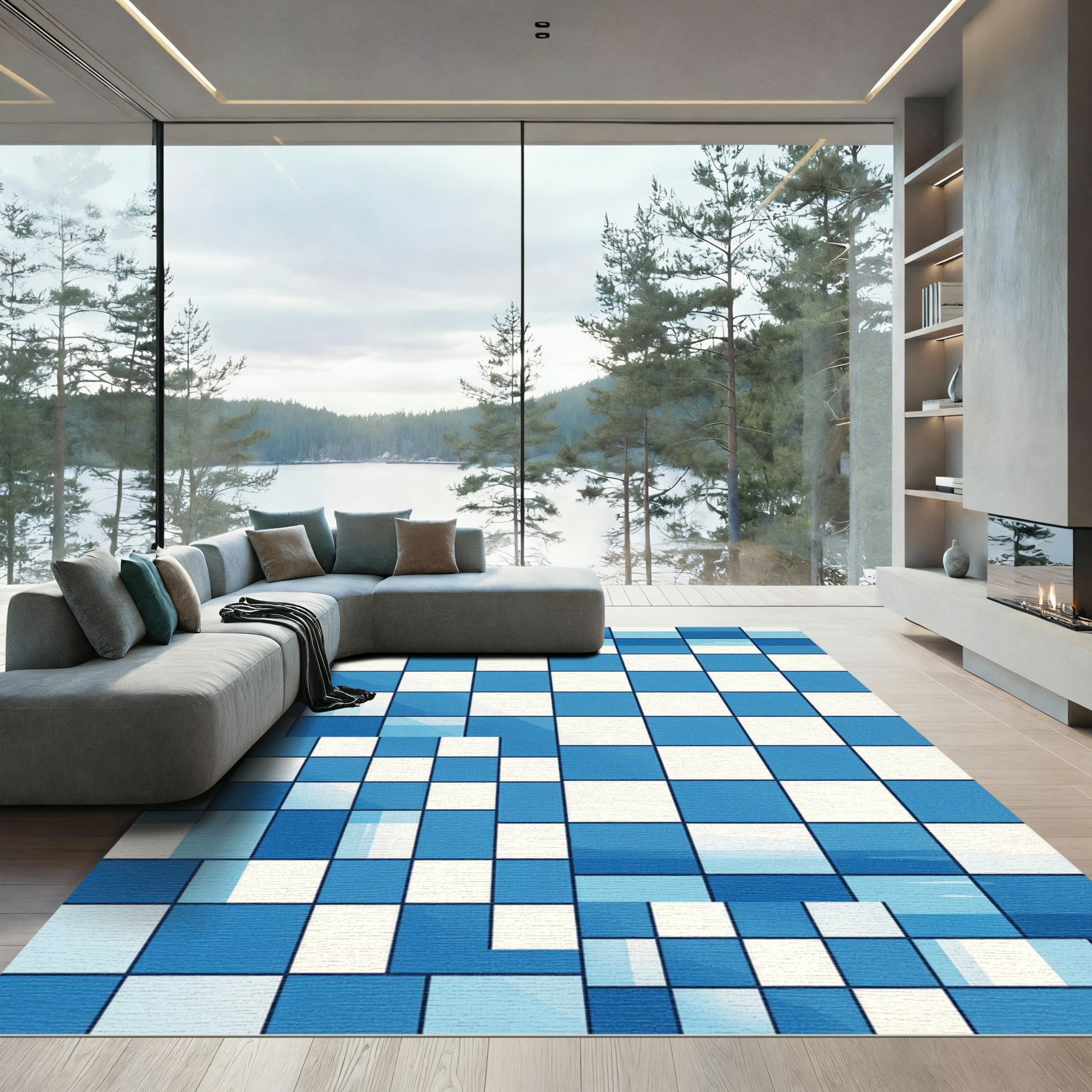 Abstract Blue White Geometric Grid Rug