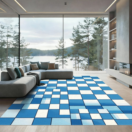 Abstract Blue White Geometric Grid Rug