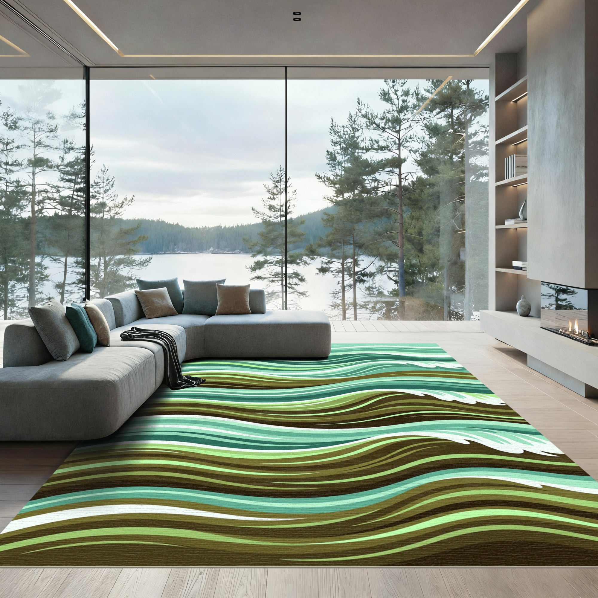 Abstract Teal Earthy Wave Landscape Rug
