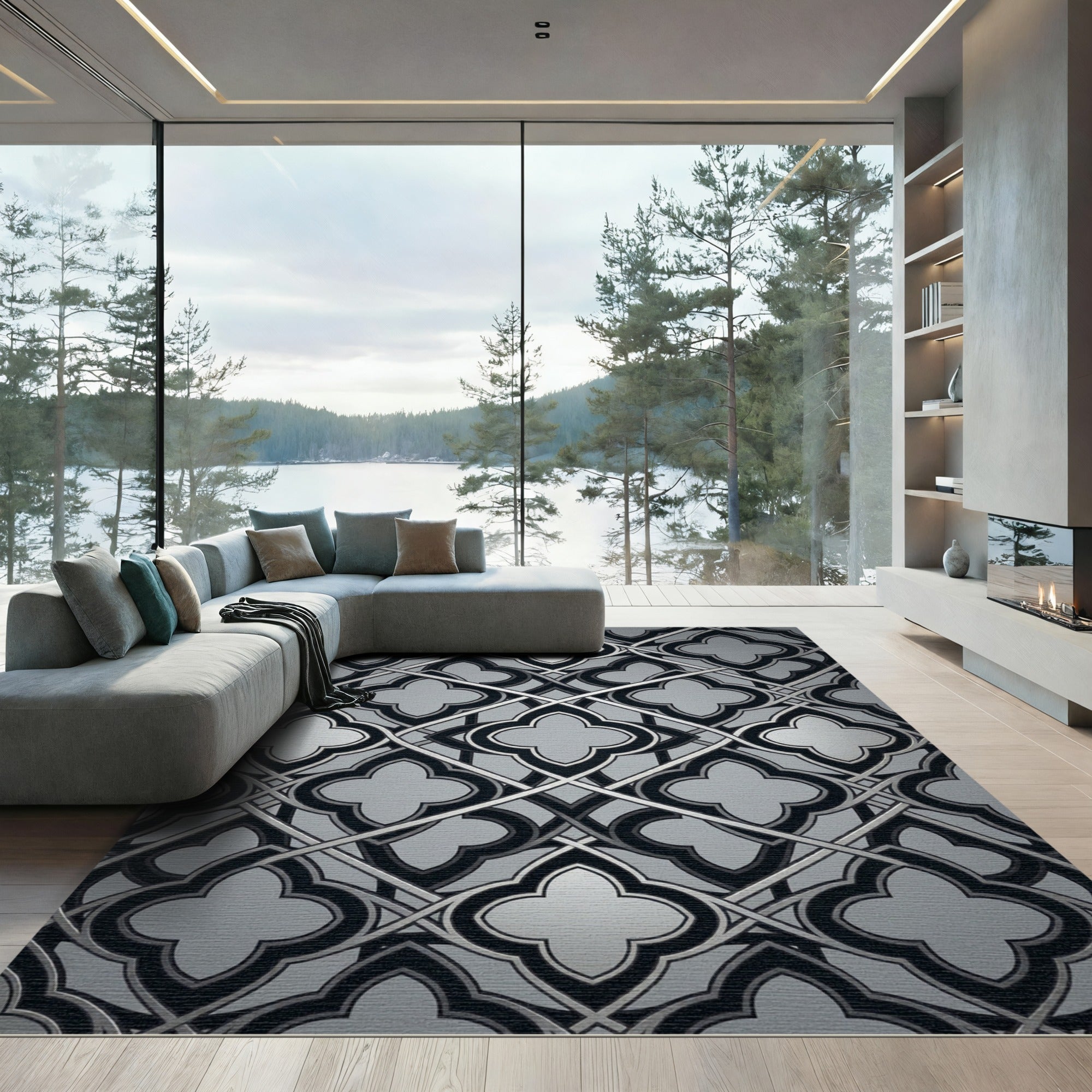 Monochromatic Quatrefoil Interlocking Geometric Silver Rug