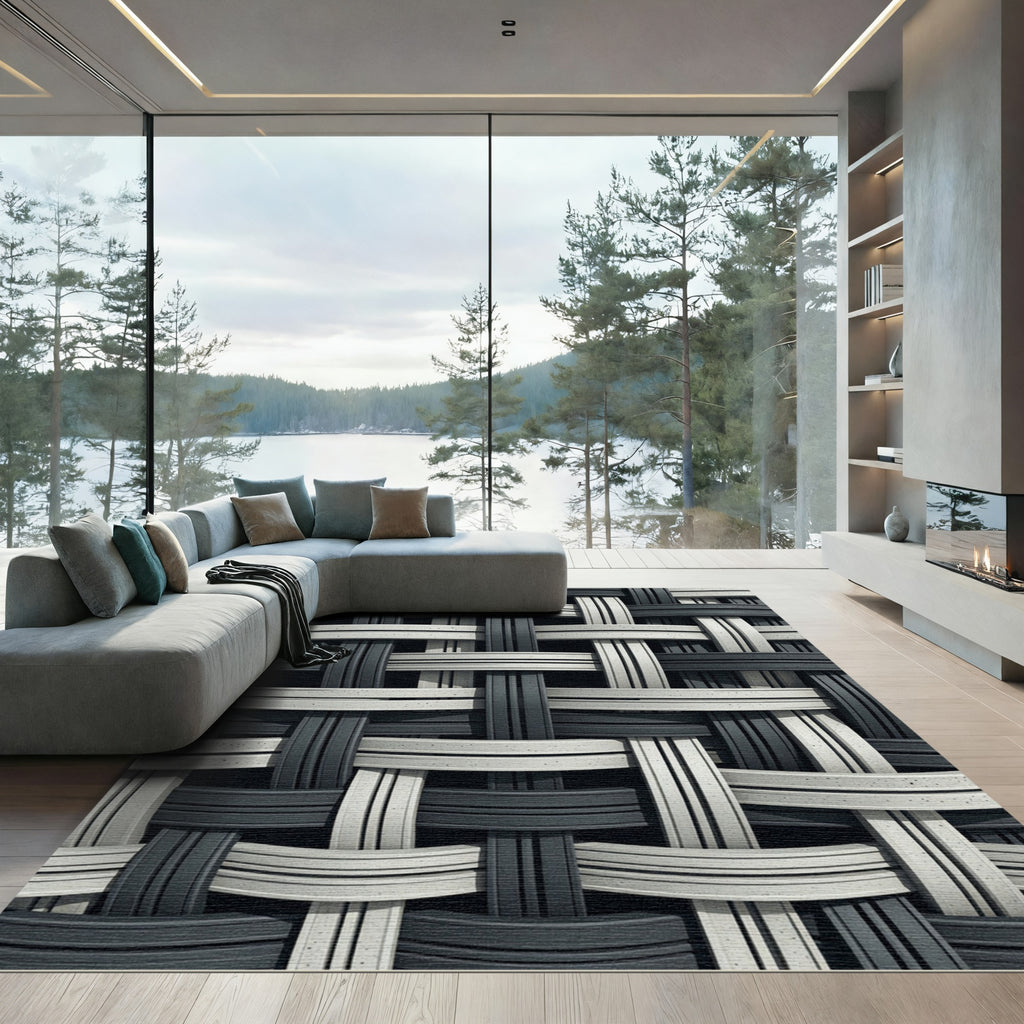 Monochromatic Interwoven Geometric Woven Rug