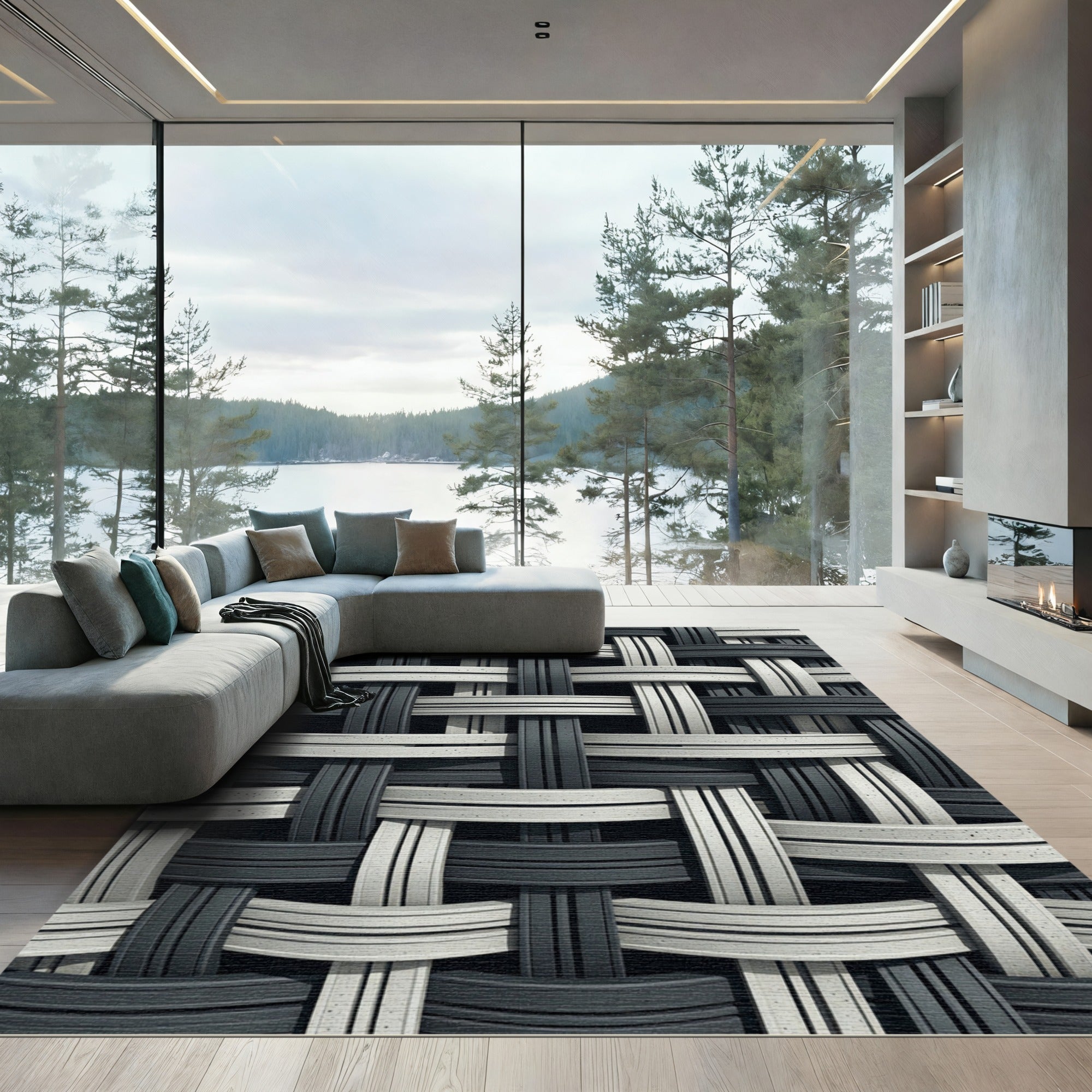 Monochromatic Interwoven Geometric Woven Rug