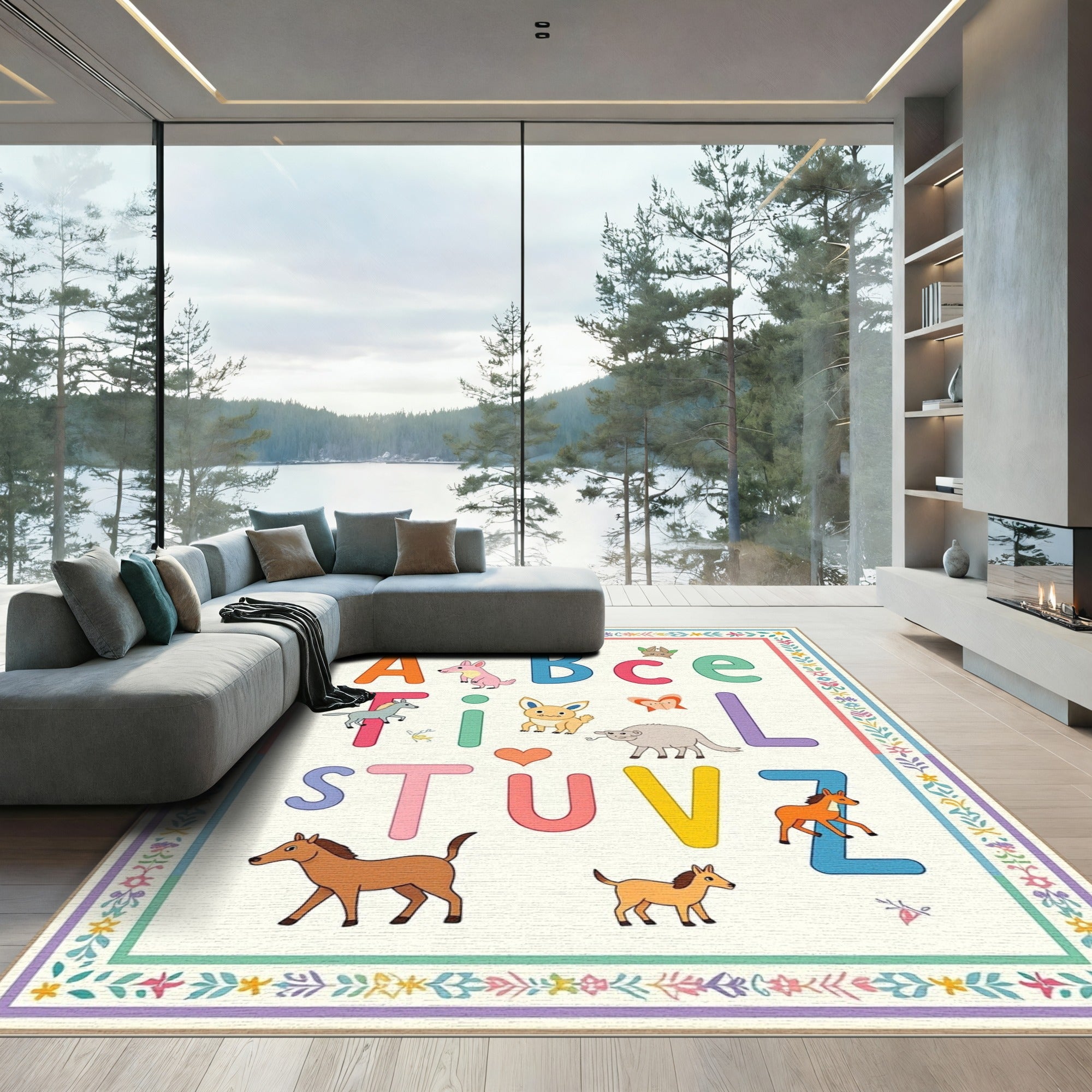 Alphabet Animals Bright Color Border Rug