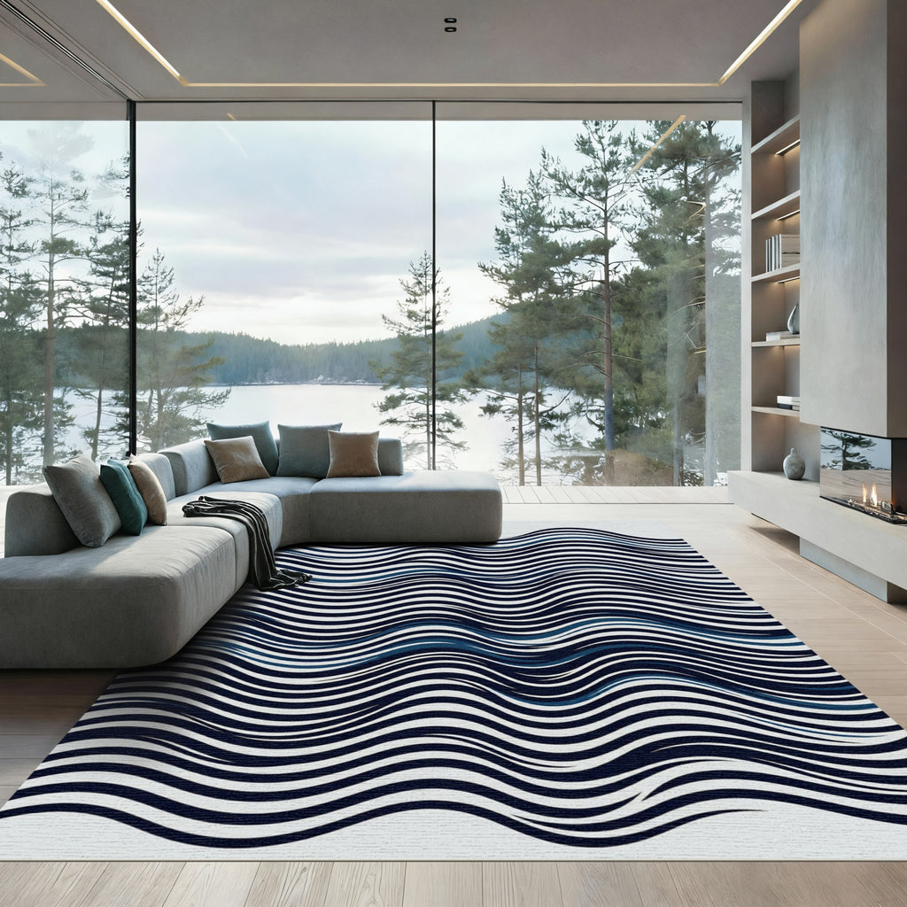 Modern Navy Blue Wavy Linear Rug