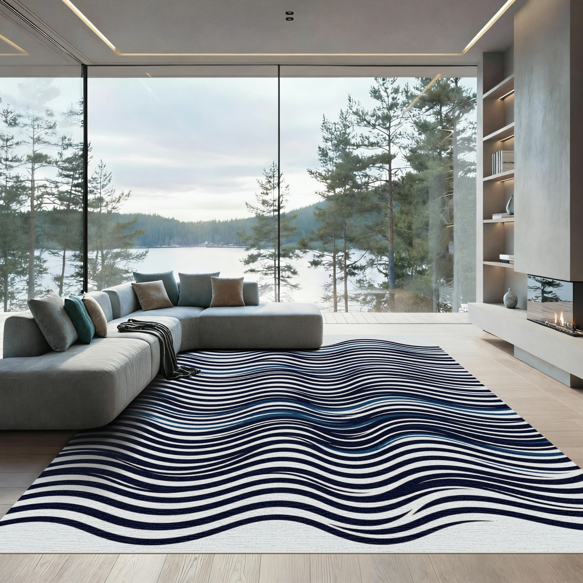 Modern Navy Blue Wavy Linear Rug
