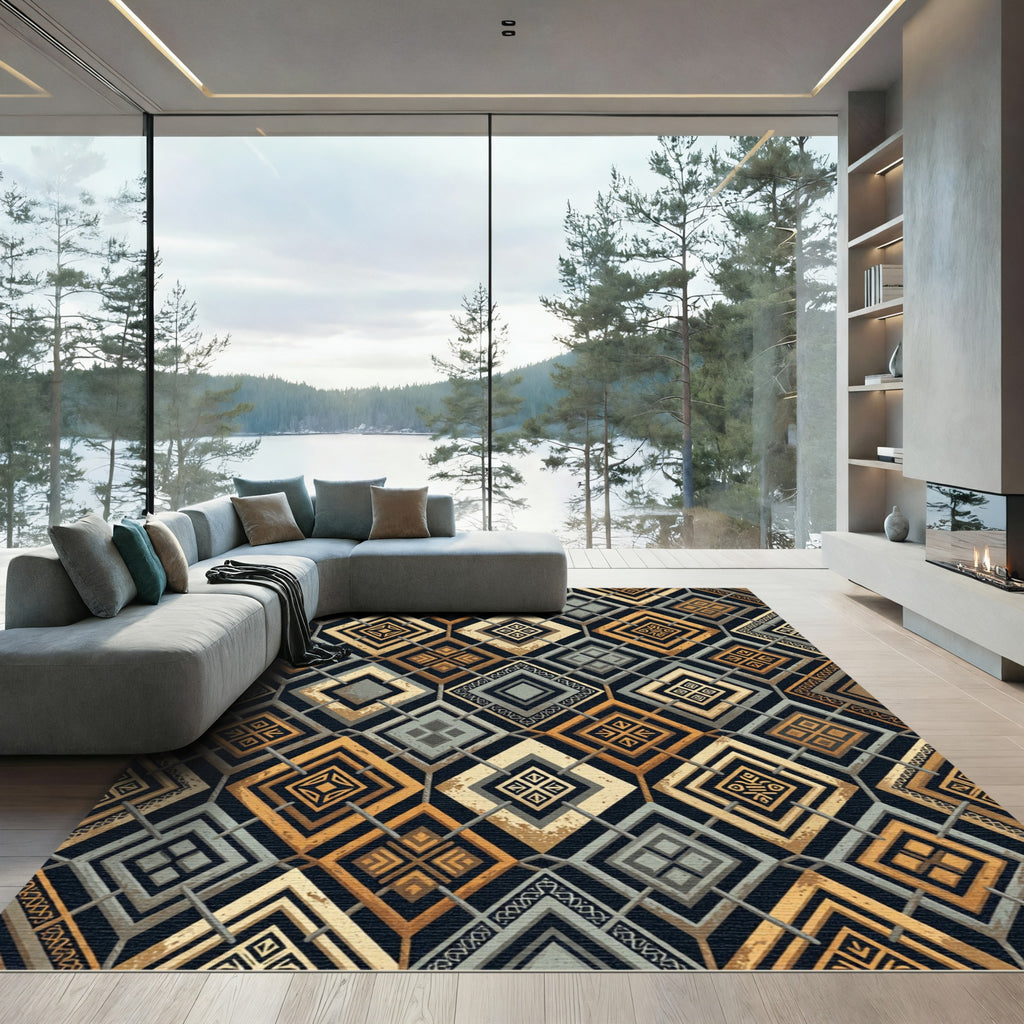 Geometric Golden Diamond Earth Tone Area Rug