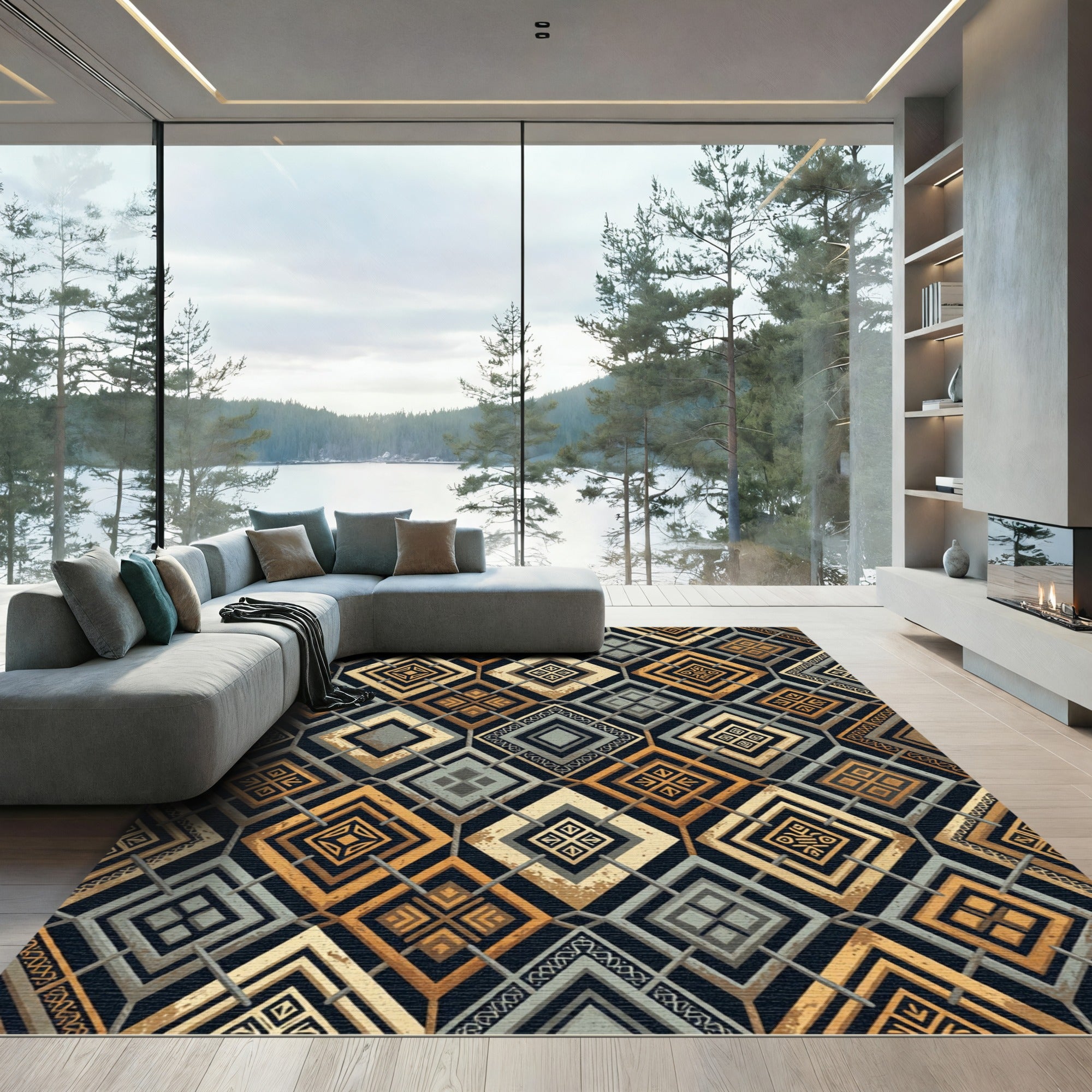 Geometric Golden Diamond Earth Tone Area Rug