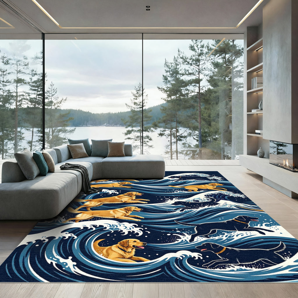 Surfing Golden and Black Dog Waves Rug