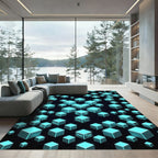 Glowing Cyan Isometric Cyber Cube Grid Rug