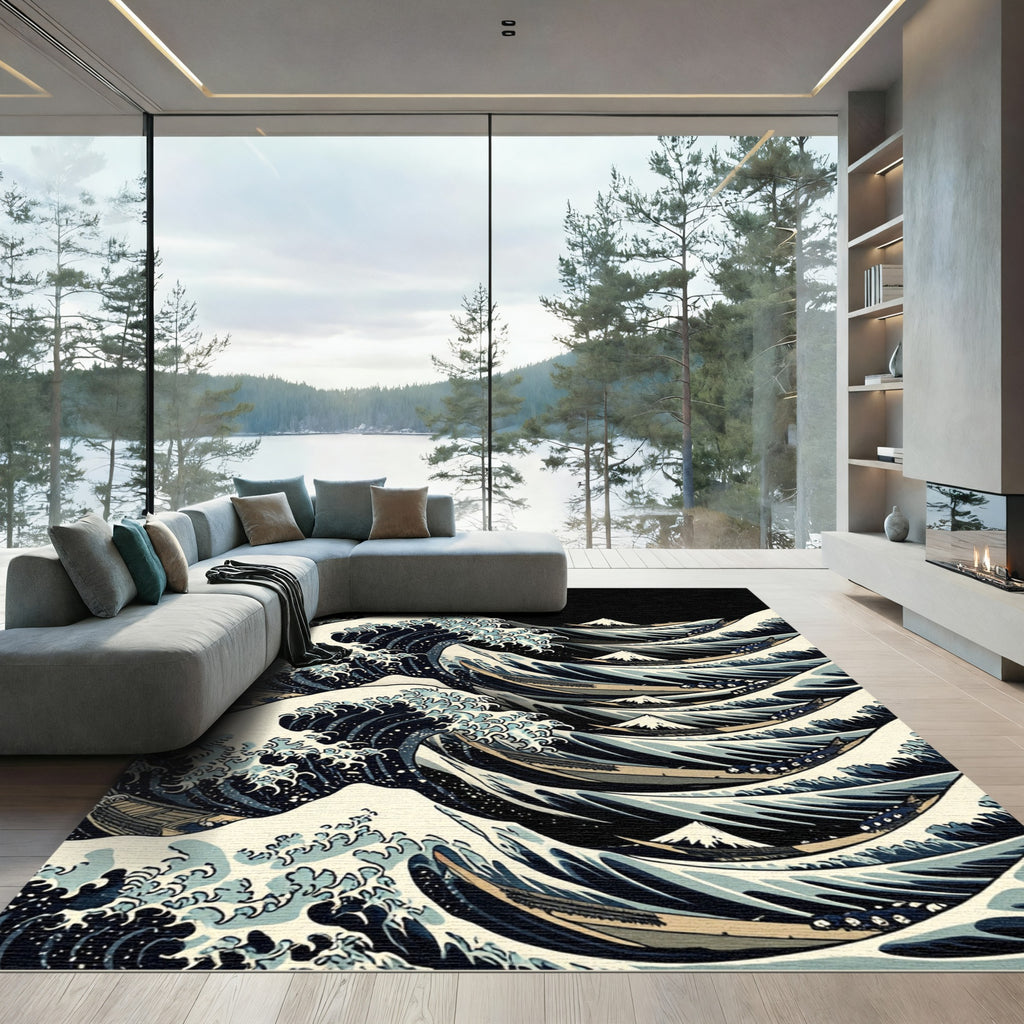 Deep Blue Ocean Waves Under Mount Fuji Rug