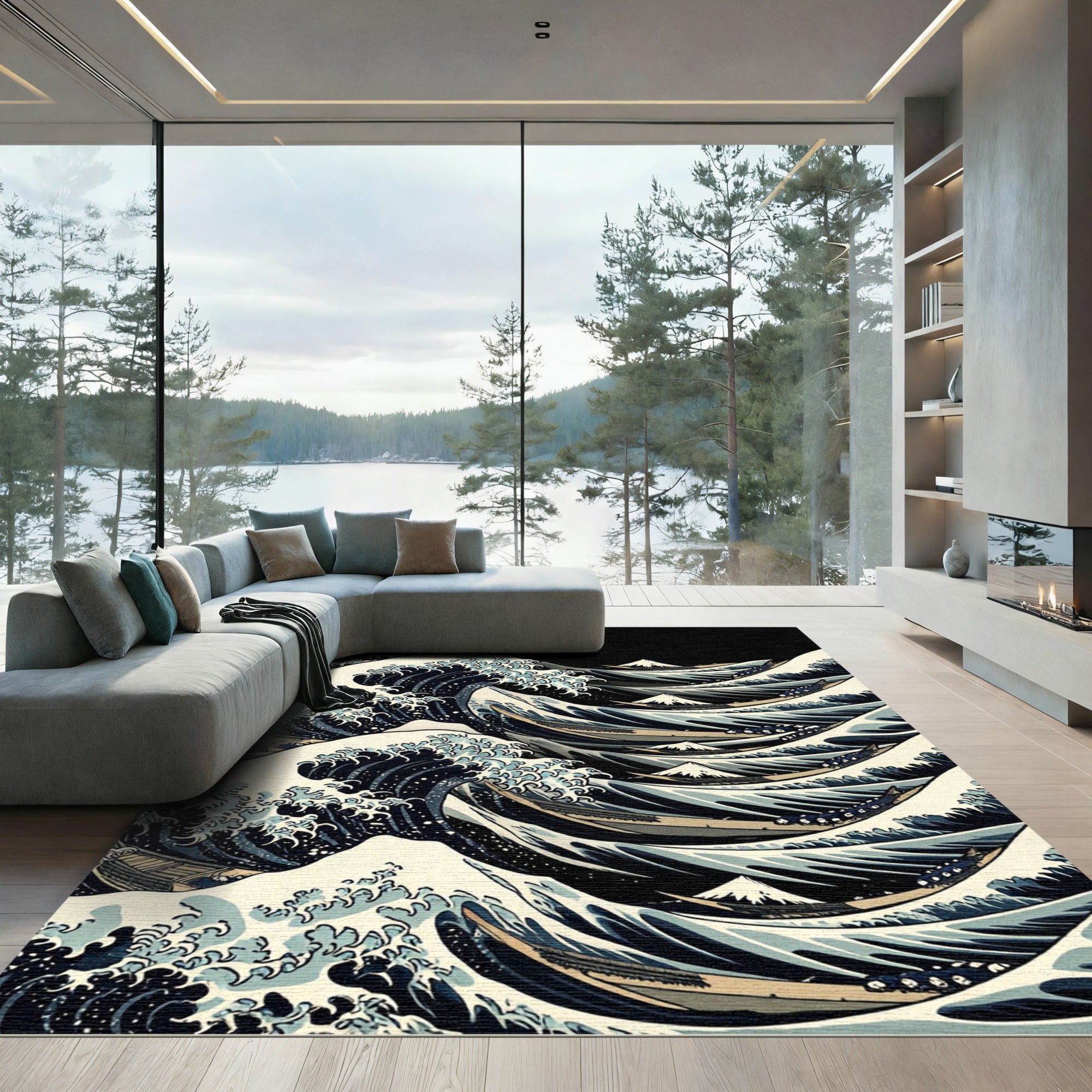 Deep Blue Ocean Waves Under Mount Fuji Rug