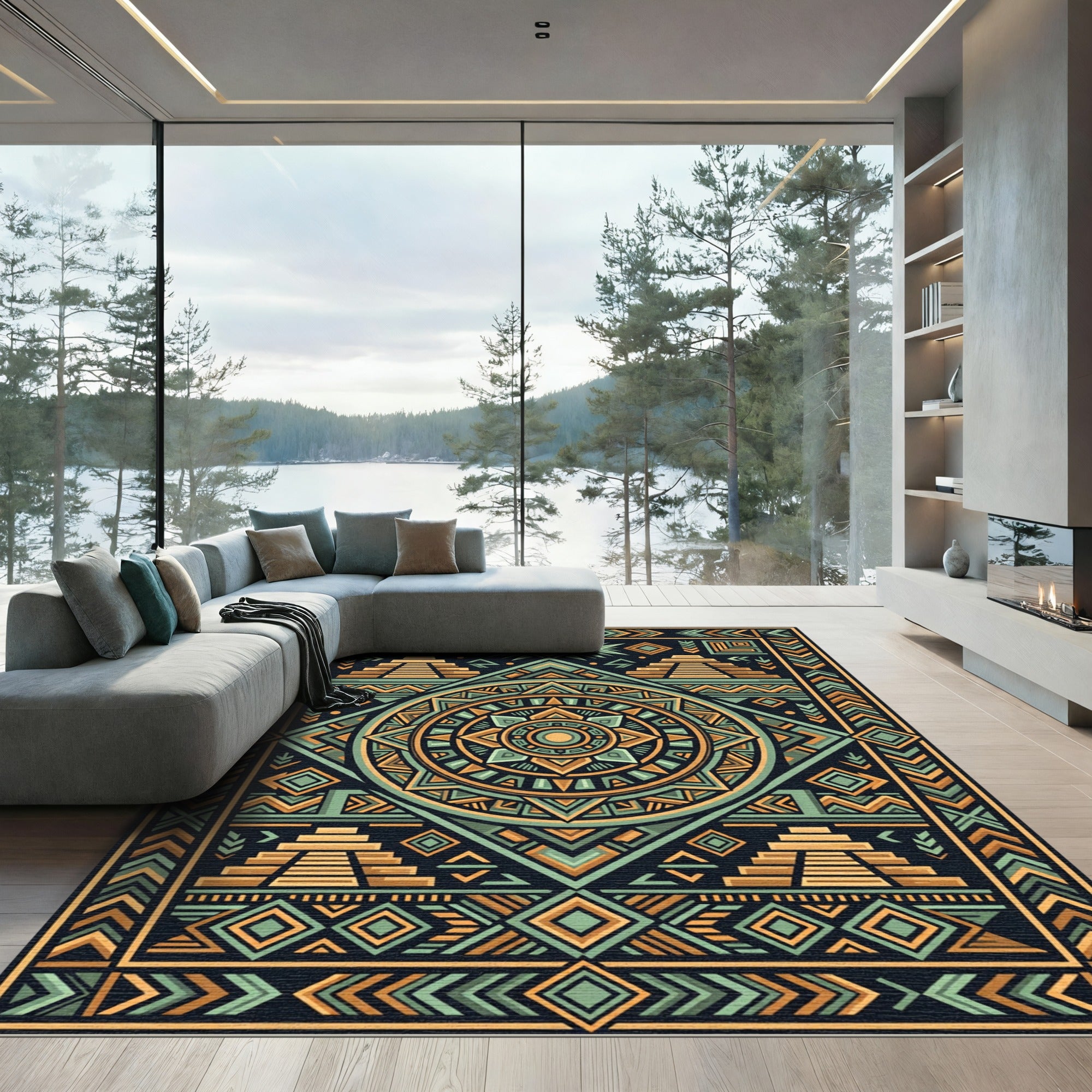 Aztec Golden Pyramid Geometric Medallion Rug