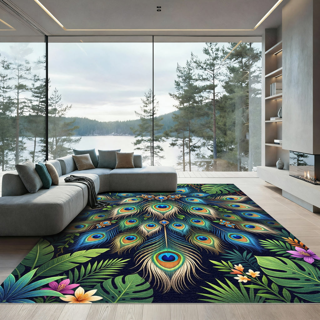 Ornate Peacock Feather Jewel Garden Rug