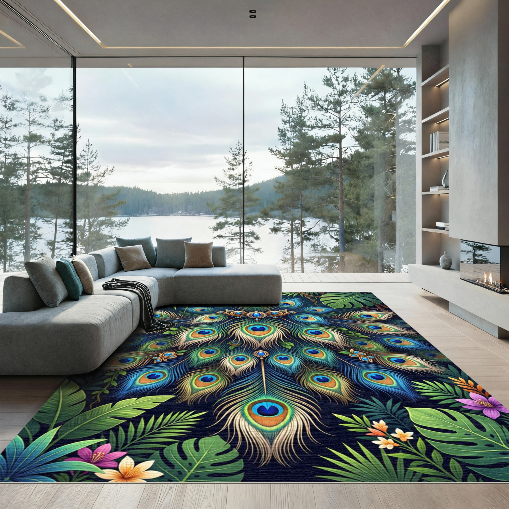 Ornate Peacock Feather Jewel Garden Rug