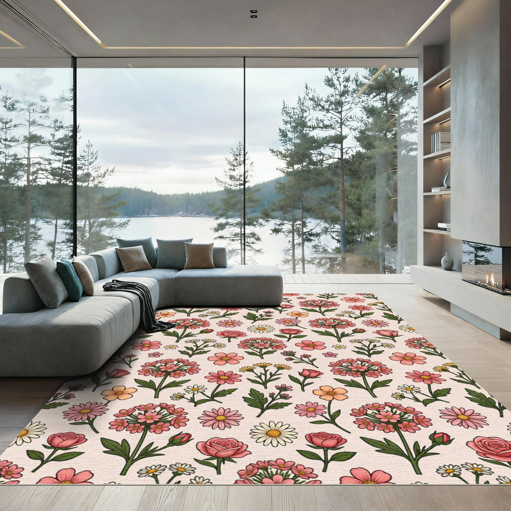 Pink Peach Floral Garden Whimsy Rug