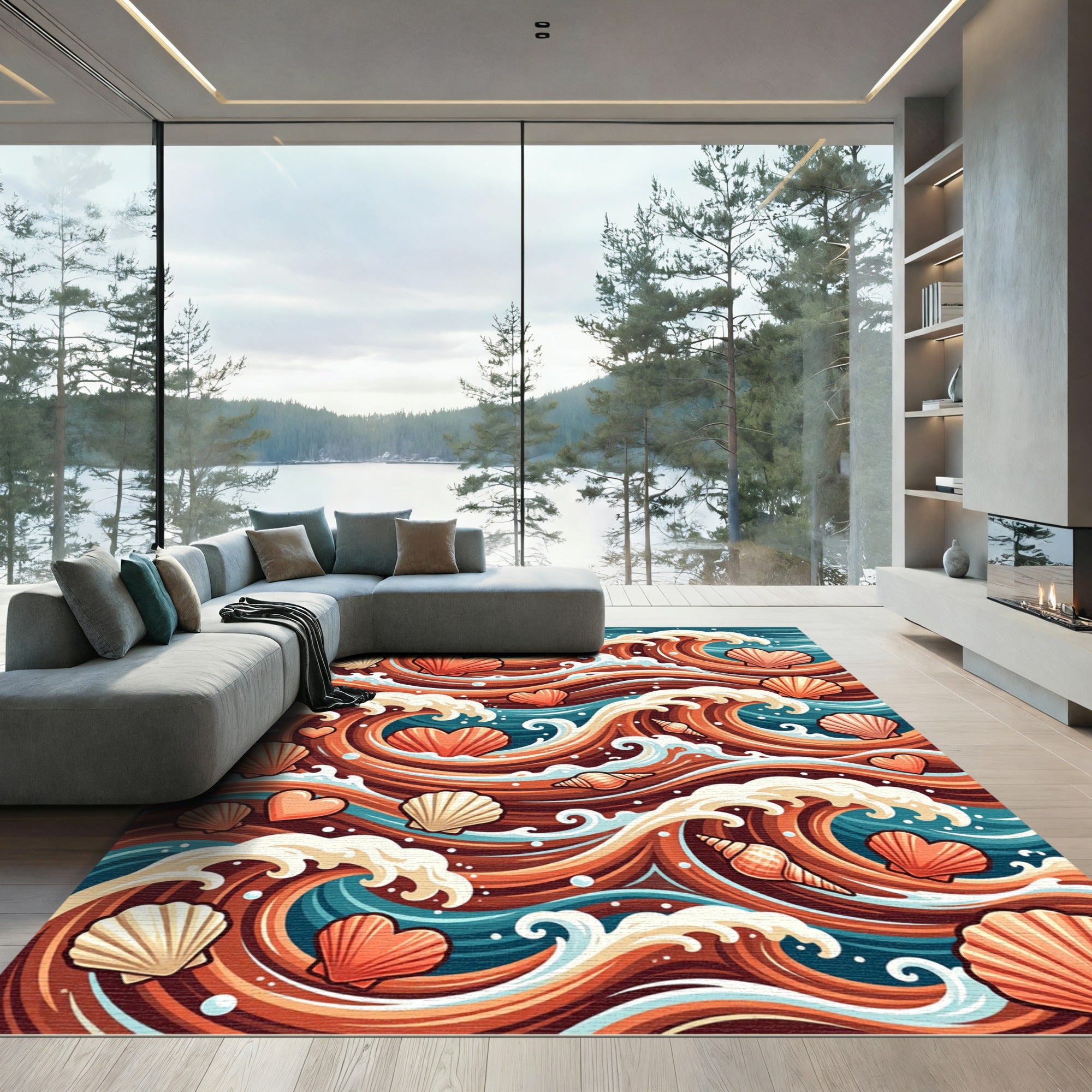 Oceanic Coastal Heart Shells Waves Rug