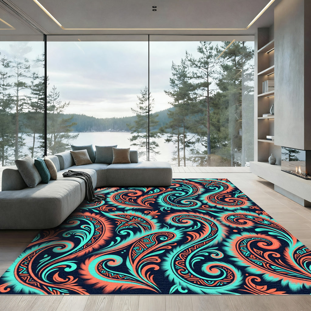 Coral Teal Paisley Swirls Rug