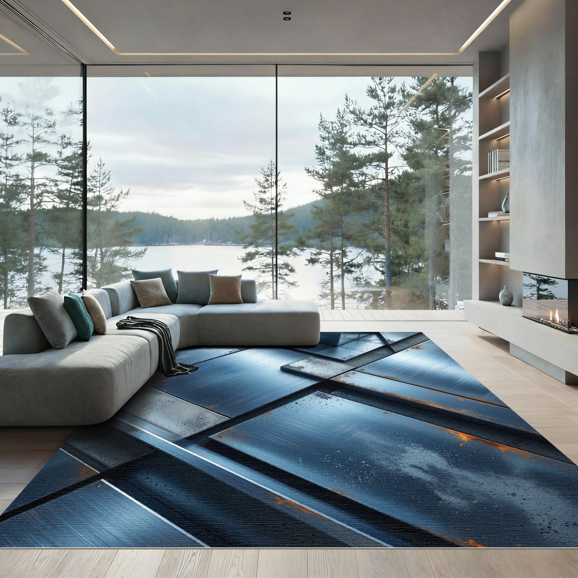 Industrial Blue Steel Geometric Composition Rug