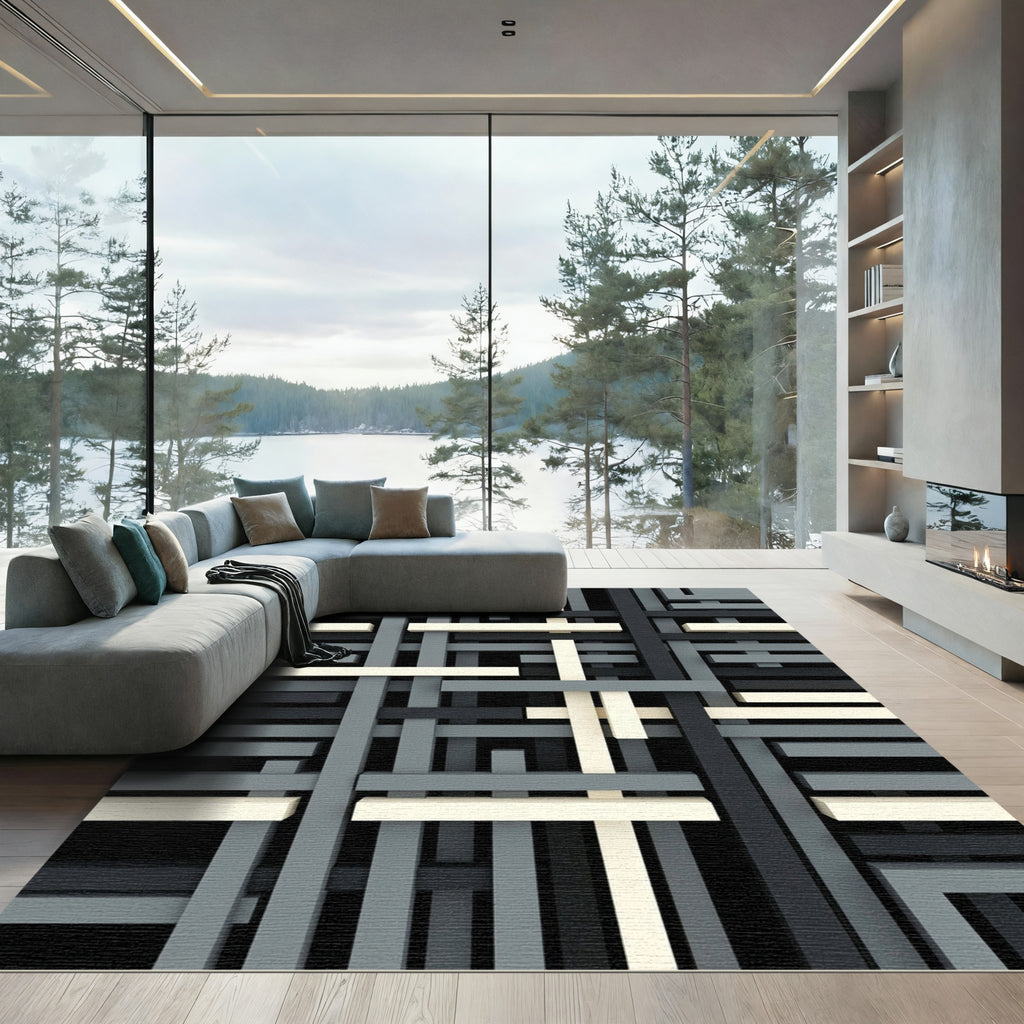 Geometric Monochrome Intersecting Layered Lines Rug