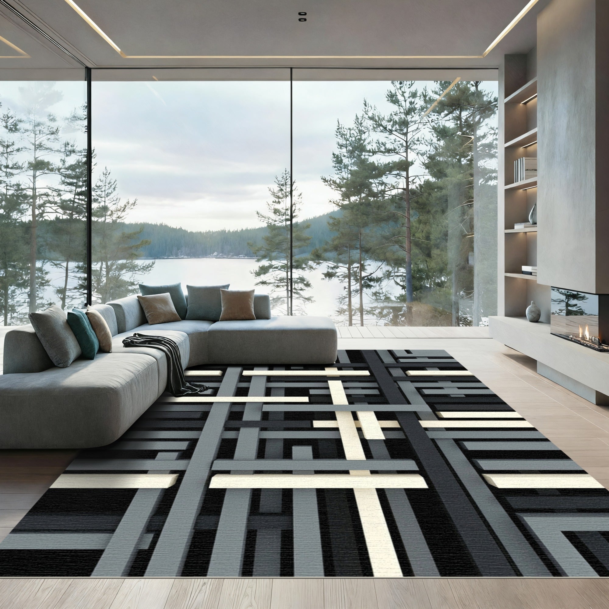Geometric Monochrome Intersecting Layered Lines Rug