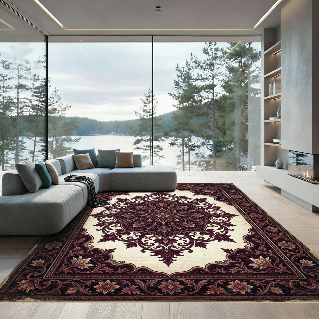 Dark Crimson Floral Ornate Medallion Rug