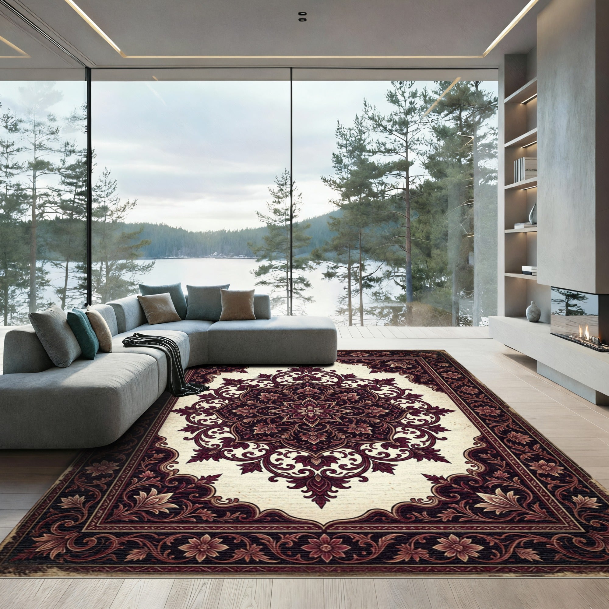 Dark Crimson Floral Ornate Medallion Rug