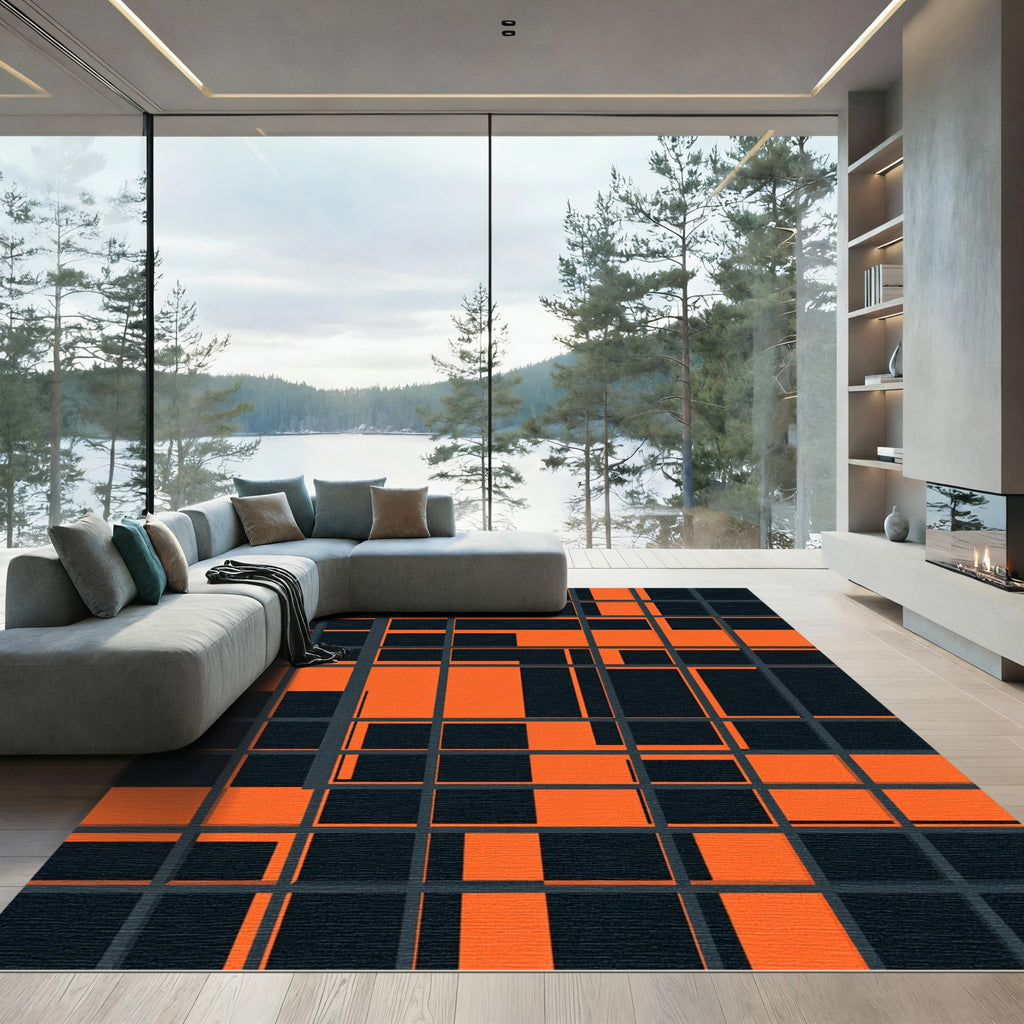 Modern Orange Black Abstract Geometric Grid Rug