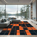 Modern Orange Black Abstract Geometric Grid Rug