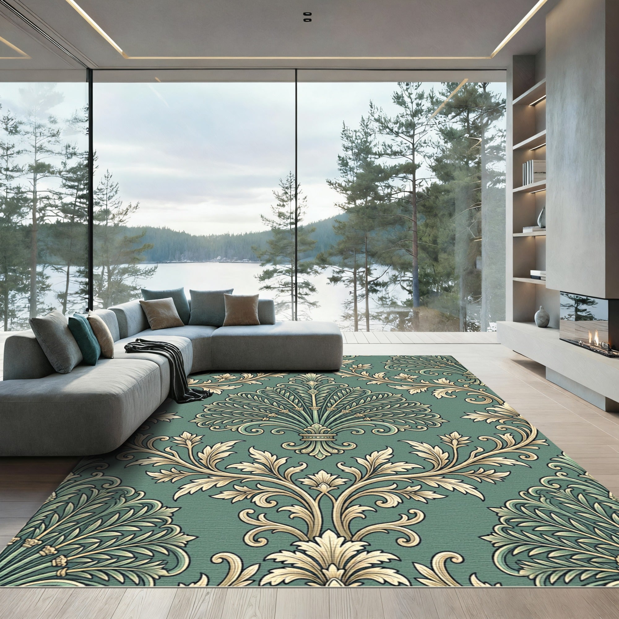 Emerald Green Floral Damask Scroll Rug