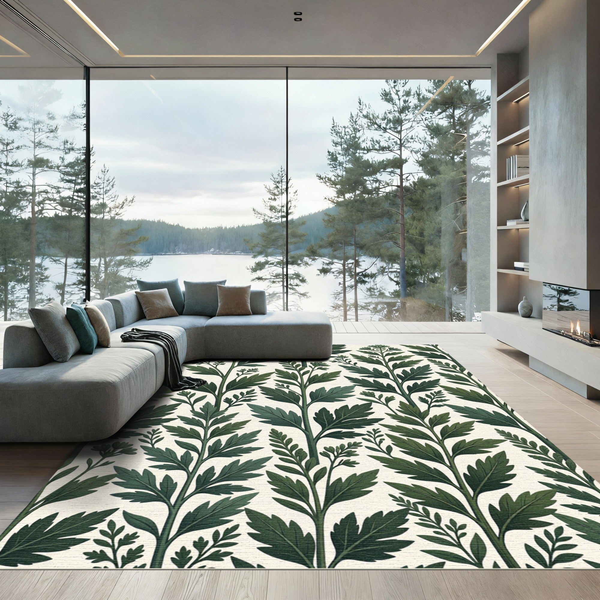 Dark Green Botanical Branch Composition Rug