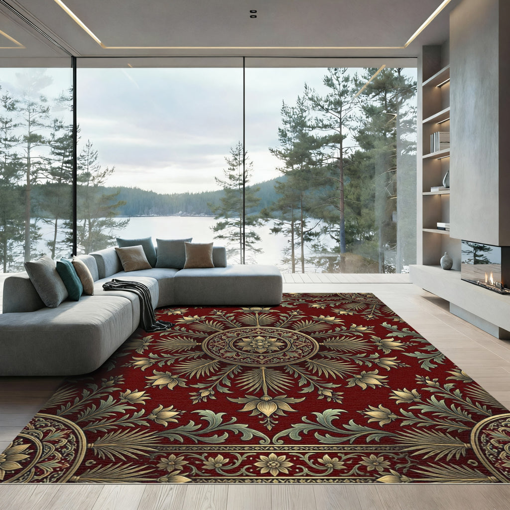 Elegant Crimson Golden Floral Medallion Rug