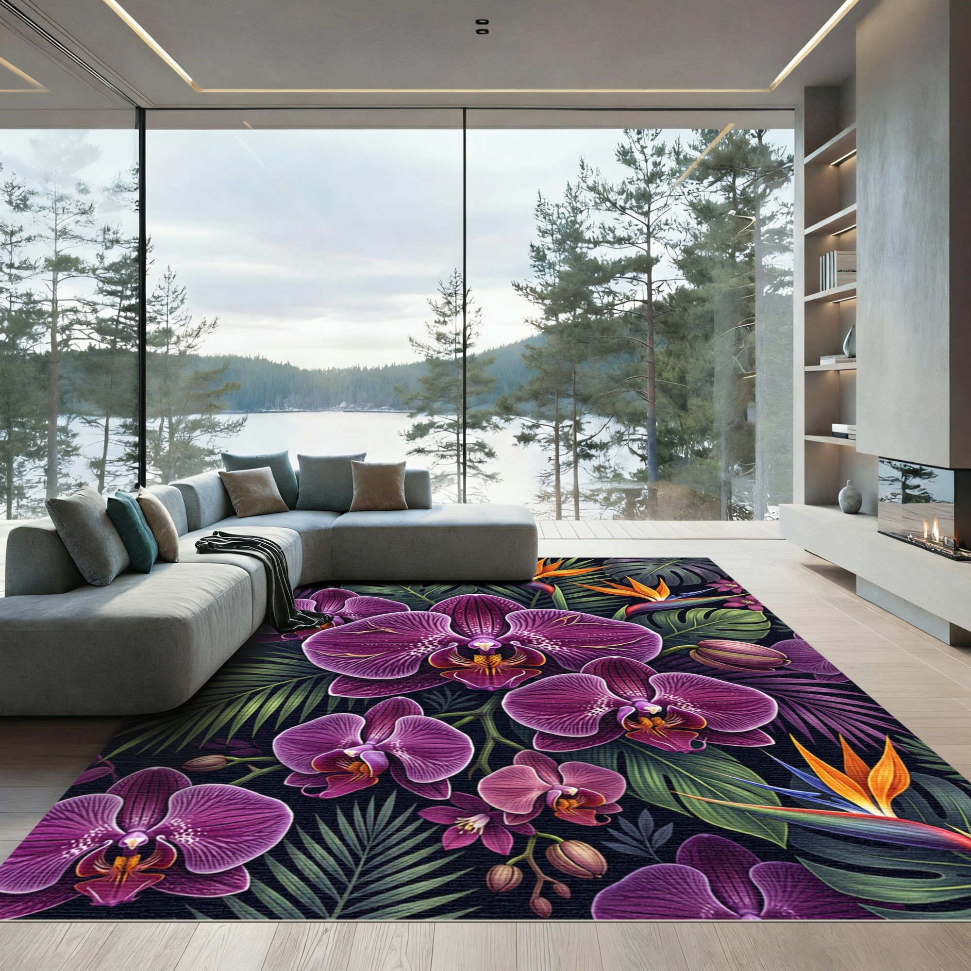 Vibrant Purple Orchid Tropical Floral Rug