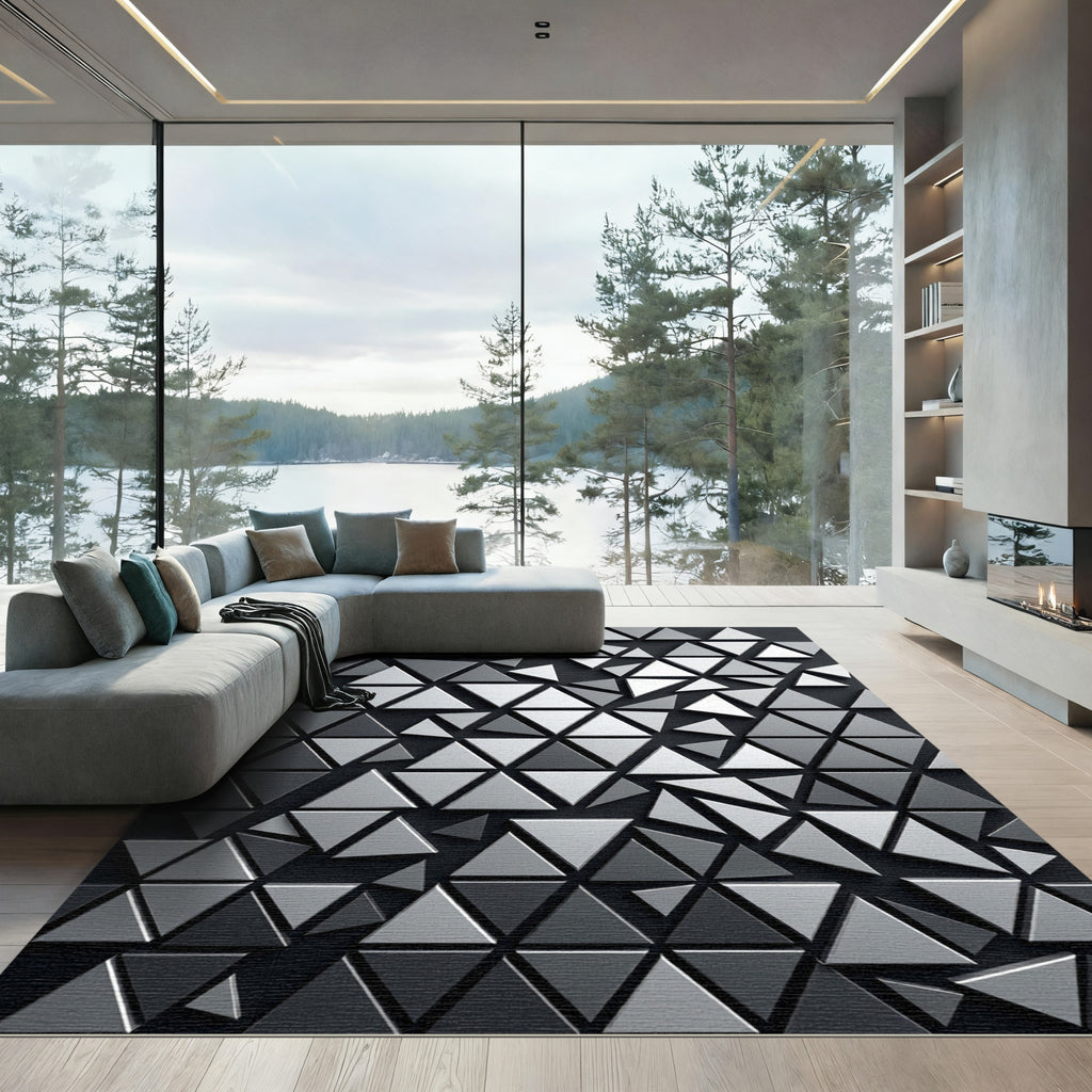 Monochromatic Silver Geometric Triangle Mosaic Rug